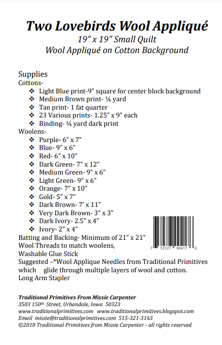 Traditional Primitives - Wholesale Craft Sewing Kit - Two Lovebirds Wool Applique Pattern1