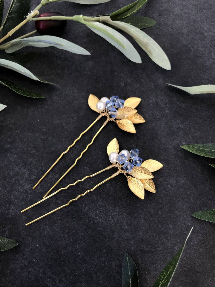 GOLD & Light Blue Crystal Hair Pins (1+) | Date Night Hair Pins, Pearl Bridal Hair Pins for wholesale by Sweet Olive Hairpieces