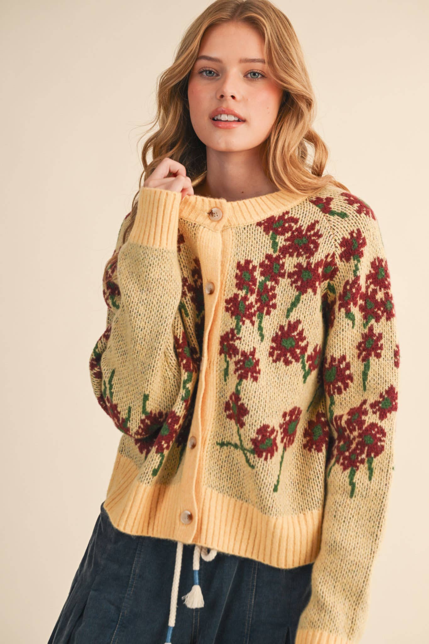&MERCI - Wholesale Cardigan - Women's - FLORAL KNIT BUTTON DOWN SWEATER CARDIGAN MSW1123811
