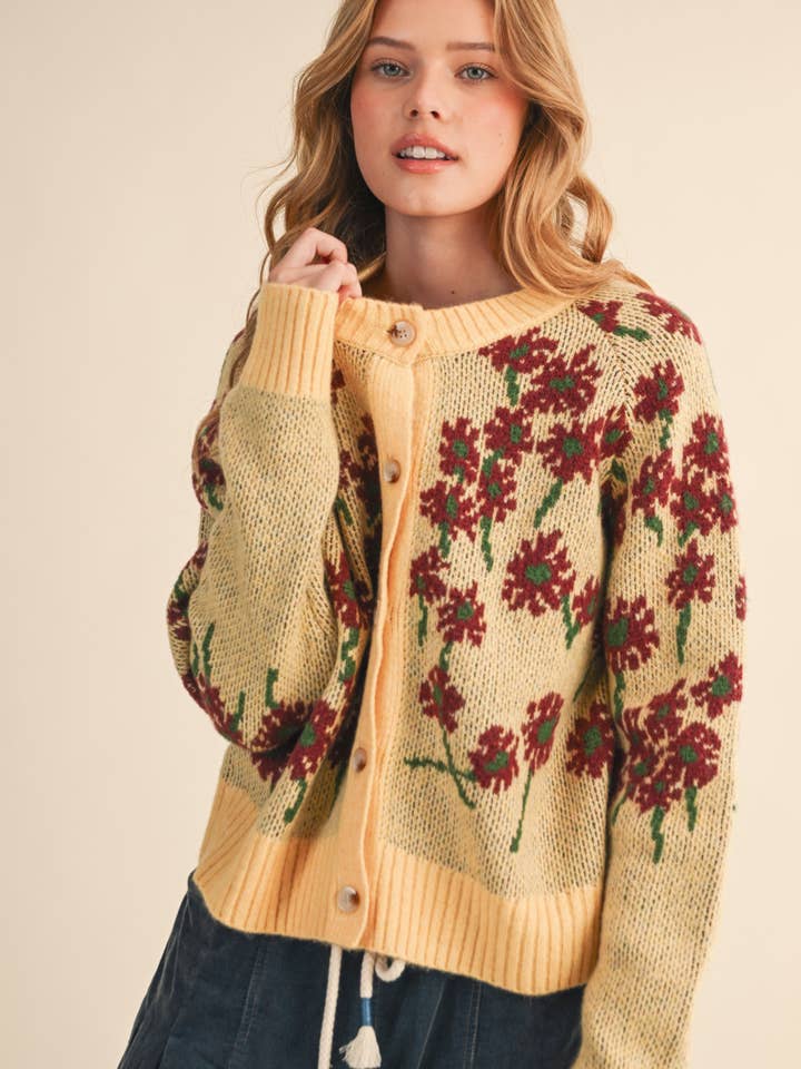 &MERCI - Wholesale Cardigan - Women's - FLORAL KNIT BUTTON DOWN SWEATER CARDIGAN MSW11238