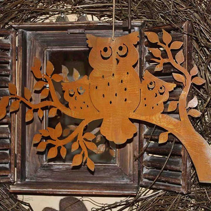 Rostikal - Venta al por mayor Adornos/decoración de exteriores - Decoración de jardín con búhos de óxido en rama | 50 x 30 cm3