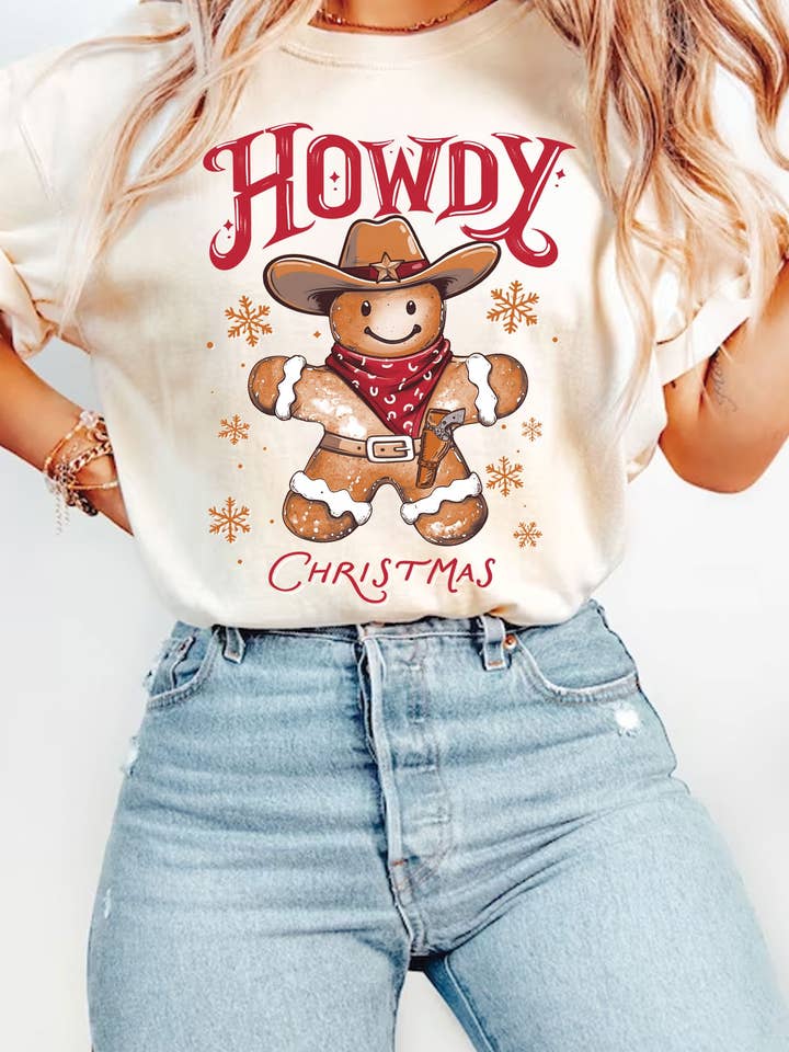 HOWDY CHRISTMAS GINGERBREAD COWBOY GRAPHIC TSHIRTS for wholesale by Rustee Clothing