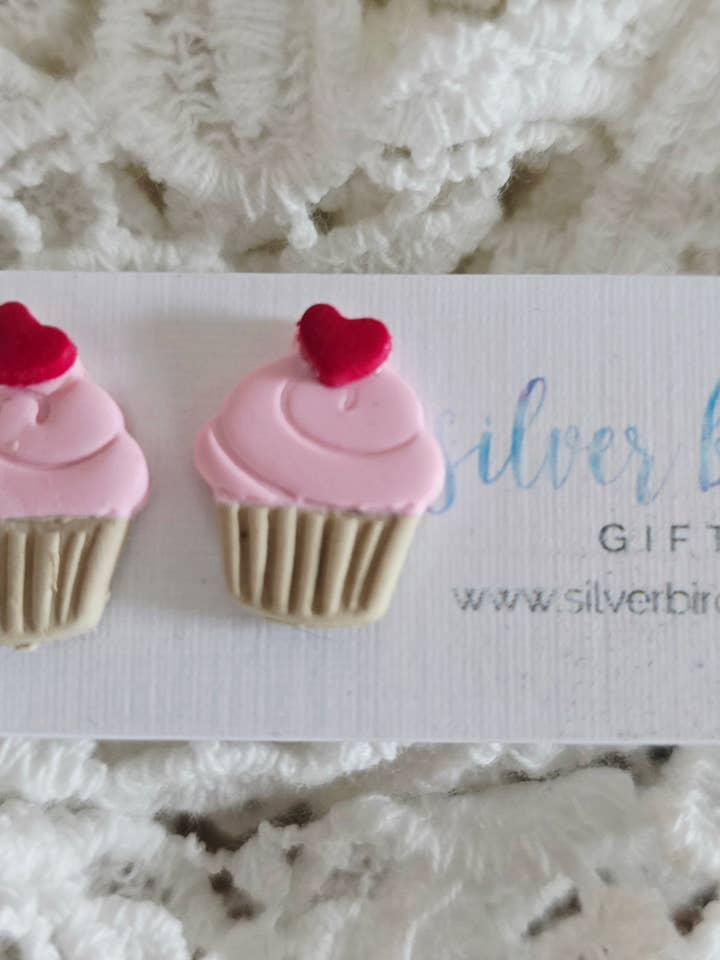 Heart Cupcake Stud Earrings/Pink Clay / Cute Dessert Jewelry for wholesale by Silver Birch Designs Jewelry