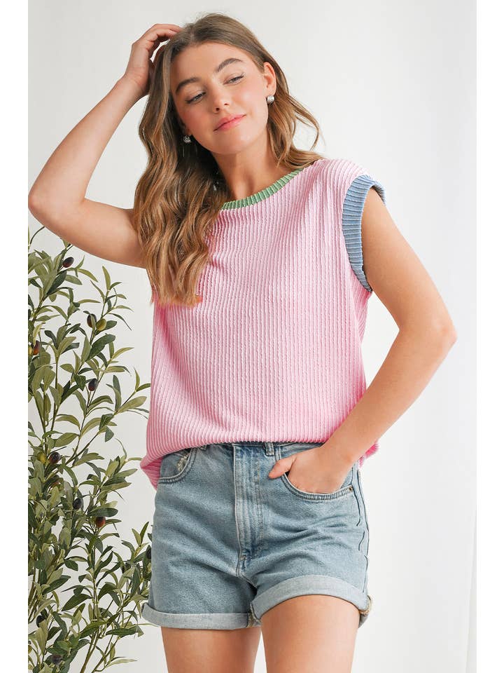 Aapparella - Wholesale Knit Top - Women's - Color Block Corded Knit Crew Neck Tee | S-XL