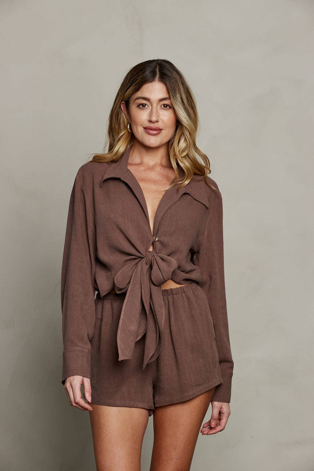 Rhea Wrap Top - Brown for wholesale on Faire