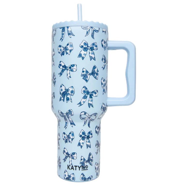 Light Blue Toile Coquette Bows 38 Oz Tumbler for wholesale on Faire