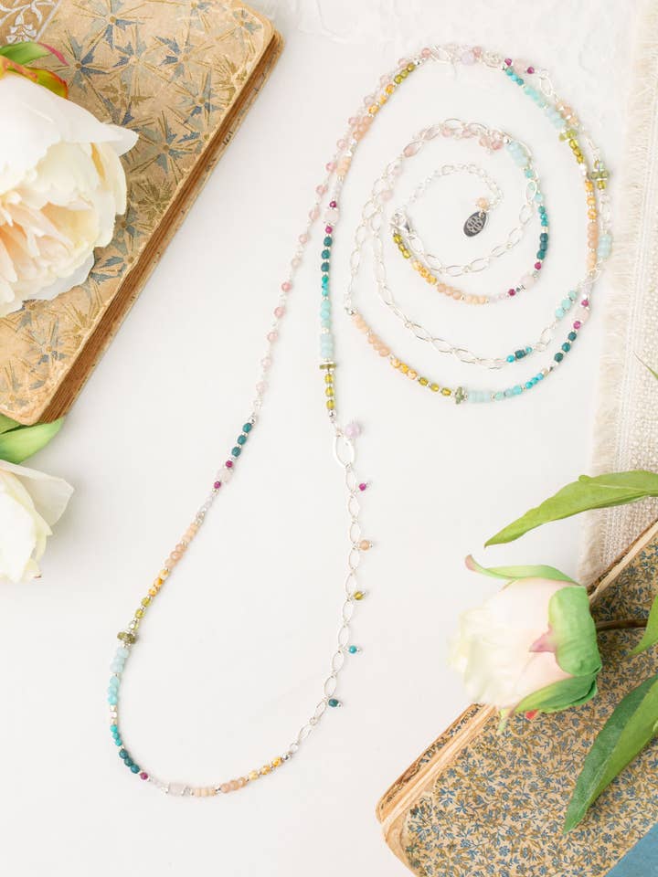 Primrose 55-57" Rose Quartz, Turquoise, Amazonite Collage Necklace for wholesale by Anne Vaughan Designs Jewelry