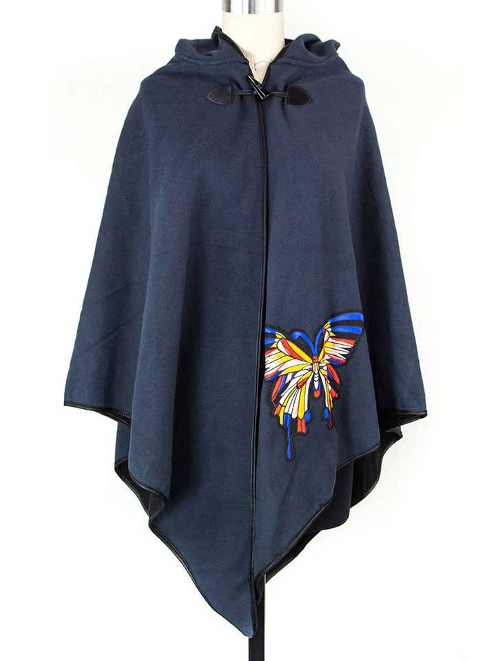 Butterfly Embroidered Fleeced Hooded Cape for wholesale by Artini Accessories