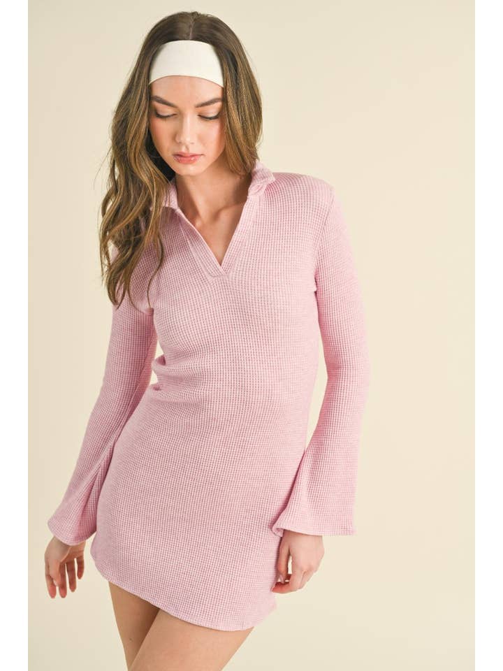 KIMBERLY C - Wholesale Dress - Women's - Waffle Knit Collared Bell Sleeve Dress