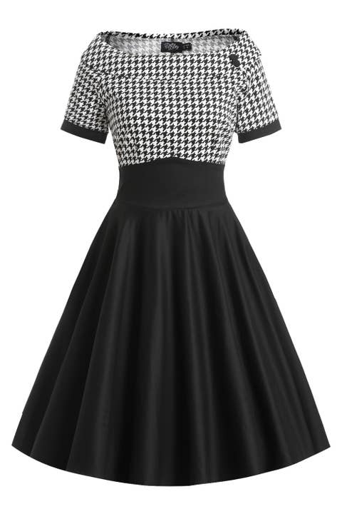 Darlene Monochrome Houndstooth Roll Collar Dress for wholesale by Dolly & Dotty