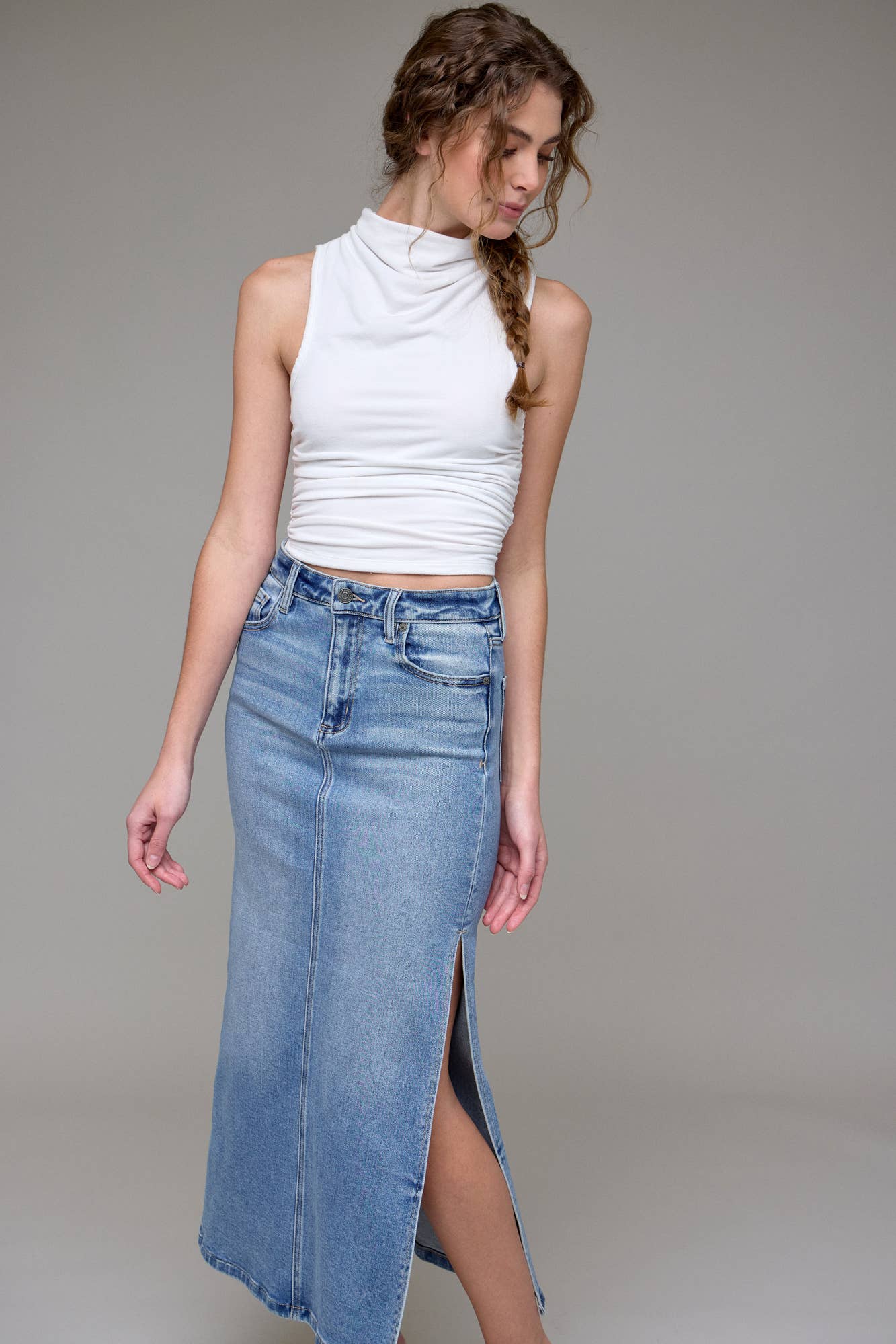 Hidden Jeans - Wholesale Skirt - Women's - Medium Light Side Slit Stretch Midi Skirt1