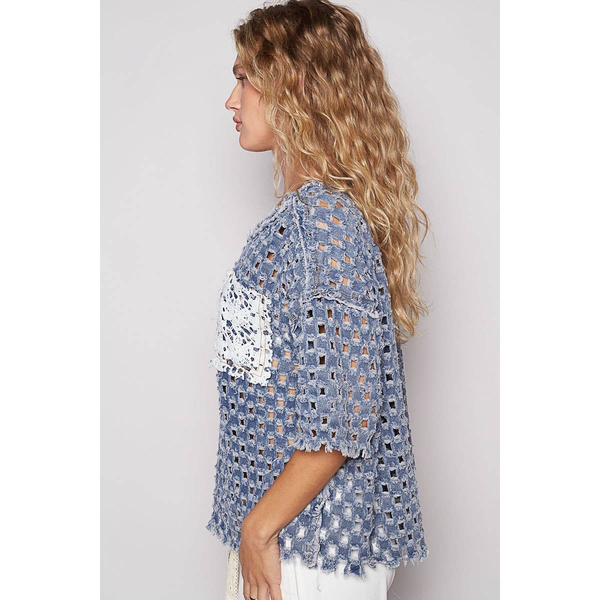 Pol Clothing - Wholesale Knit Top - Women's - Round neck short sleeve open knitted woven top3