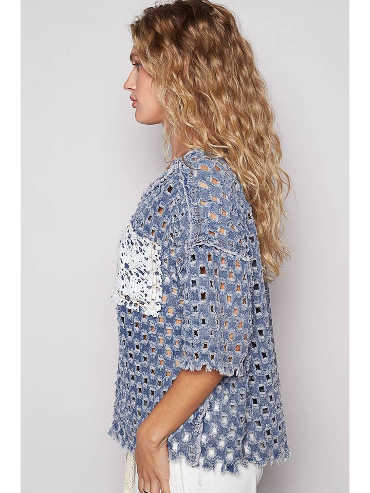 Pol Clothing - Wholesale Knit Top - Women's - Round neck short sleeve open knitted woven top3