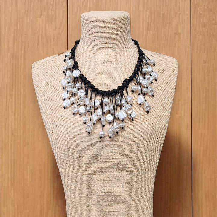 Bijoux Envie Statement Jewelry - Wholesale Beaded/pearl necklace - Modern Pearl Bib Necklace | Leather Cord | Coastal Fall Boho2