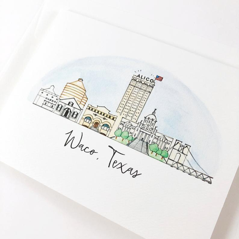 Aquarelle Ensemble de cartes de vœux ou de cartes de notes Waco, Texas Skyline en vente sur Faire1