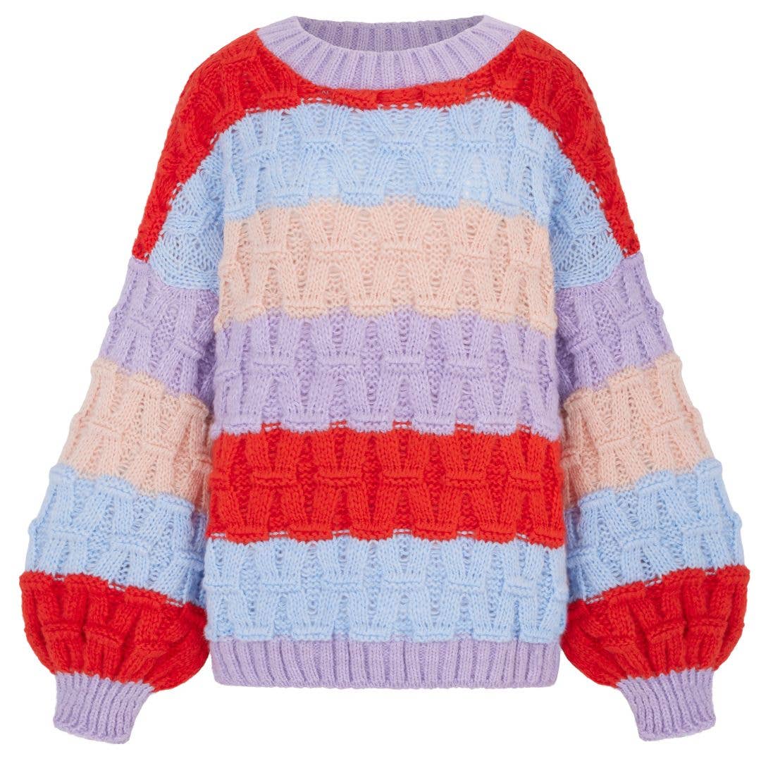 Cara & The Sky – wholesale Knitted jumper – Women′s – Mandy Criss-Cross Stitch Balloon Sleeve Stripe Jumper - Orange23