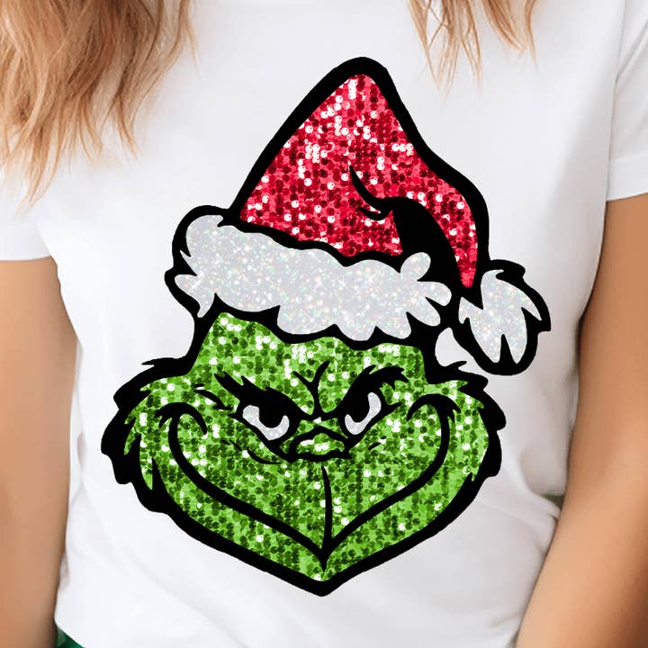 Red Glitter Grinch DTF Transfer for wholesale by Nashville Design House