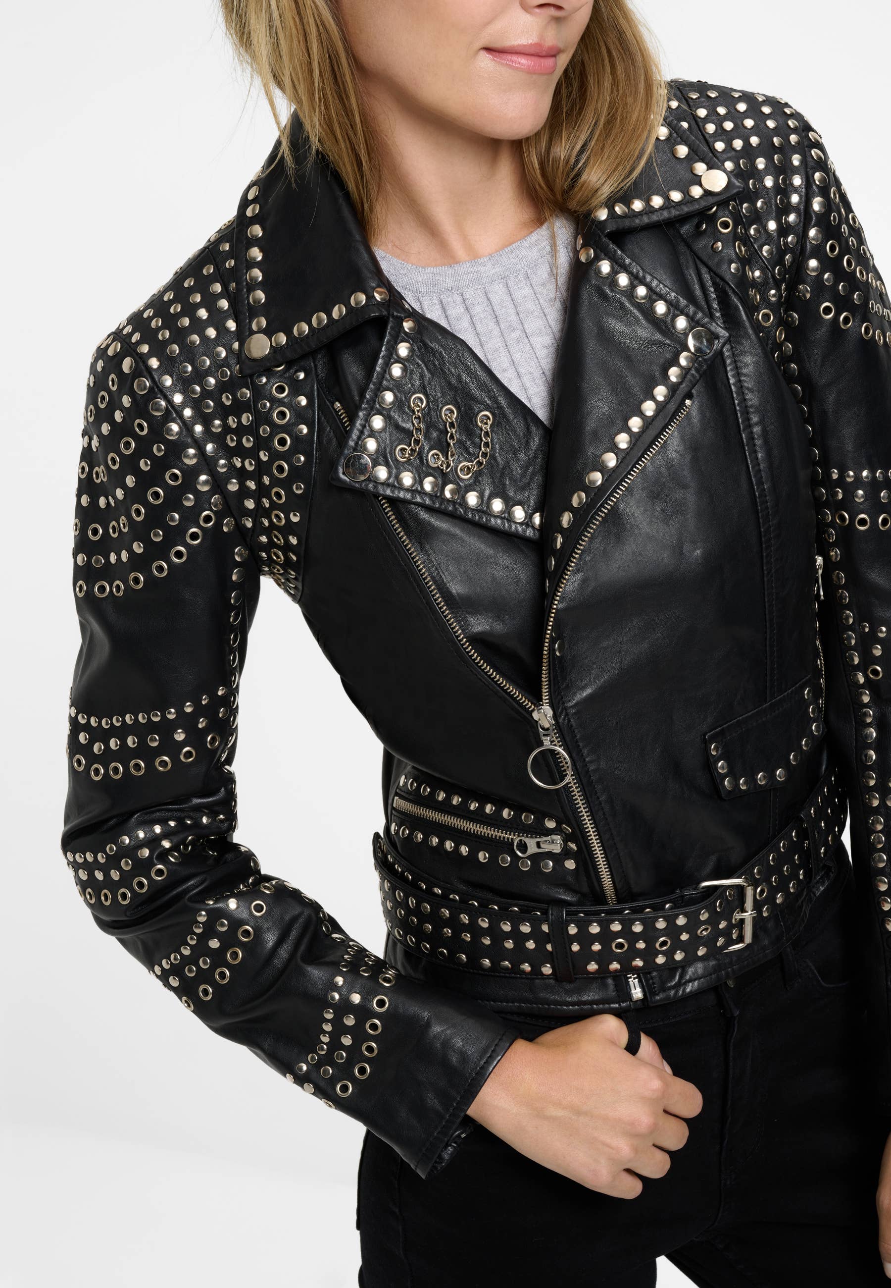 black Women's Leather Jacket Selina with Studded Trim - Lamb Nappa Leather for wholesale on Faire4