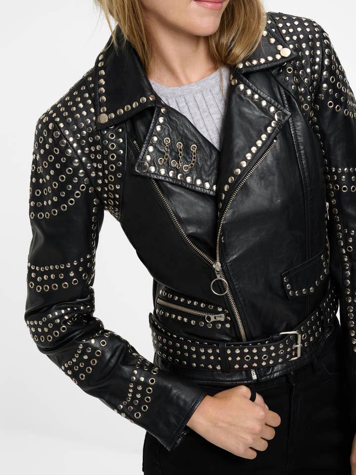 Zwart Dames leren jas Selina met studs - lamsnappa leer voor groothandel op Faire4