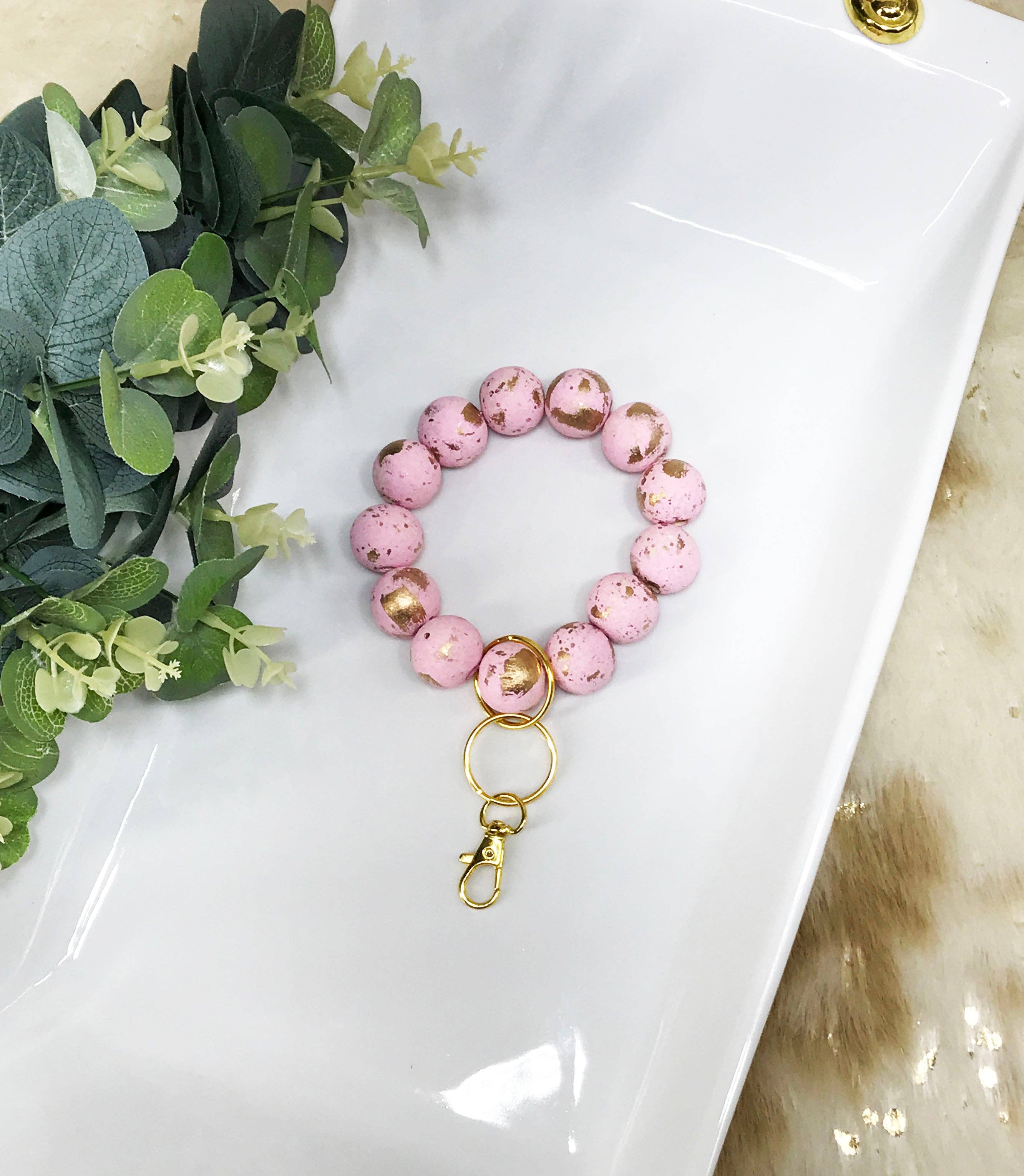 Magnolia & Peach Jewelry Boutique, LLC - Wholesale Keychain - Women's - Hand Painted Pink & Gold Wood Keychain – K370