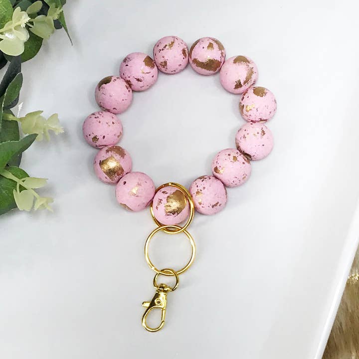 Magnolia & Peach Jewelry Boutique, LLC - Wholesale Keychain - Women's - Hand Painted Pink & Gold Wood Keychain – K3700