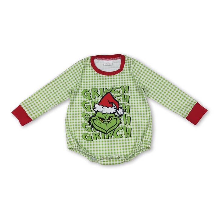 Long sleeves plaid green face baby boys Christmas romper for wholesale by Yawoo Garments