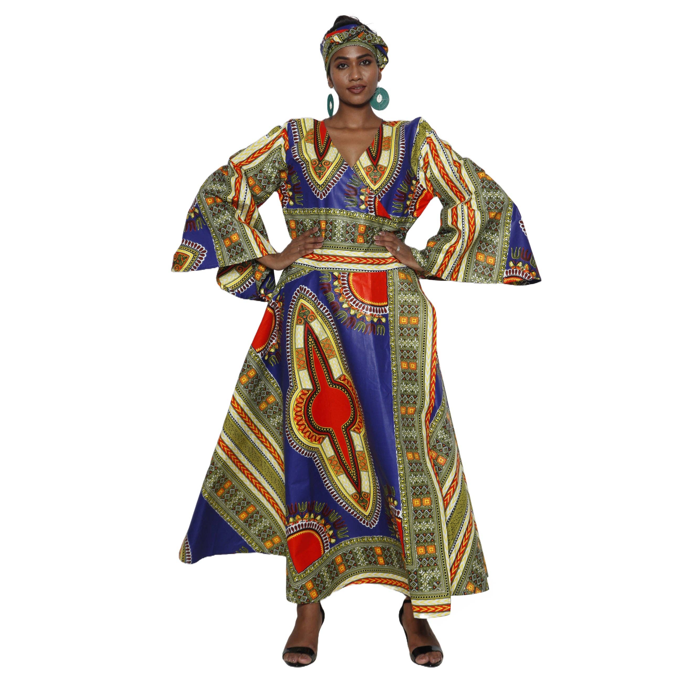 African Stars - Vente Robe – femme - Robe longue cache-cœur à manches longues pour femmes Dashiki -- FI-D56D2