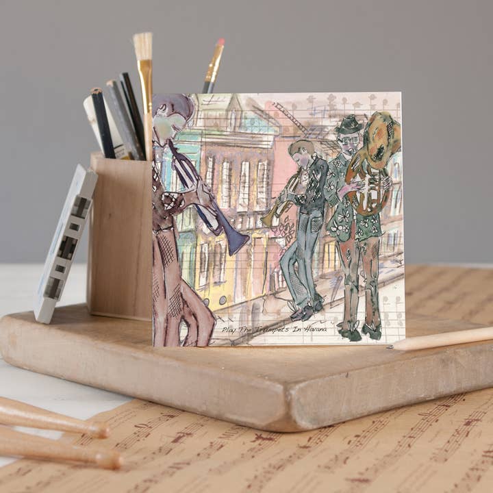 Play The Trumpets In Havana Greetings Card for wholesale by Claire Louise