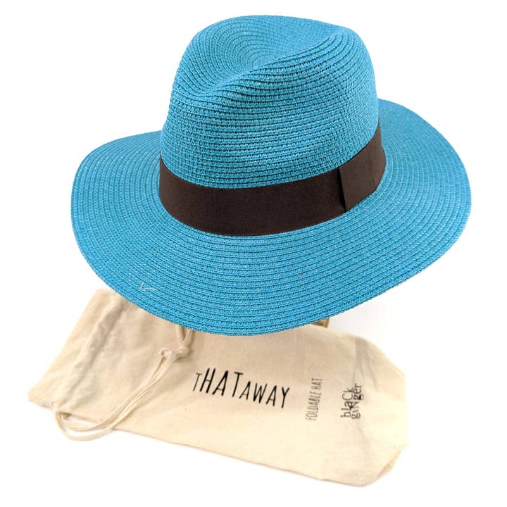 Turquoise Panama Style Foldable Sun Hat - (55cm) for wholesale by Black Ginger