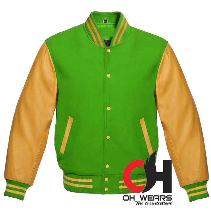 Giacca varsity in lana verde pappagallo e maniche in vera pelle gialla per la vendita all'ingrosso da parte di OH Wears