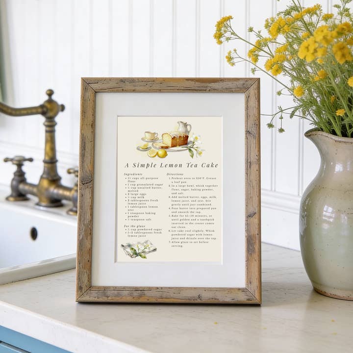 Receta de Pastel de Té de Limón, Arte de Cocina Cottagecore, Impresión Decorativa para venta al por mayor de Designs by Michaela