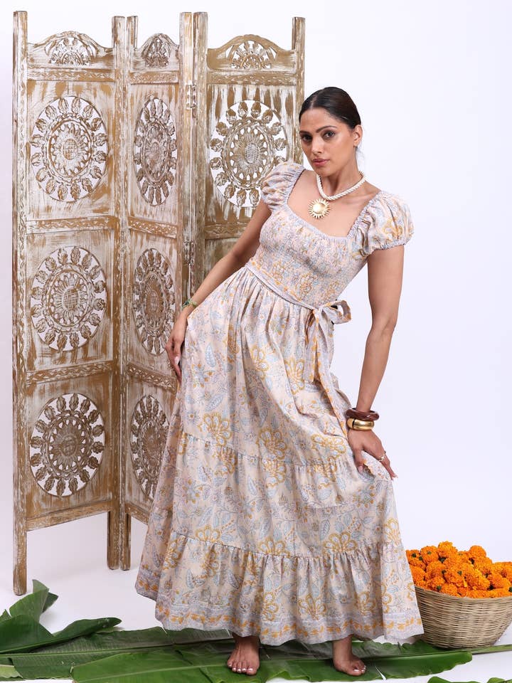 The Fox and The Mermaid - Wholesale Dress - Women's - Block Printed Smock Dress (Paloma: Buttermilk)