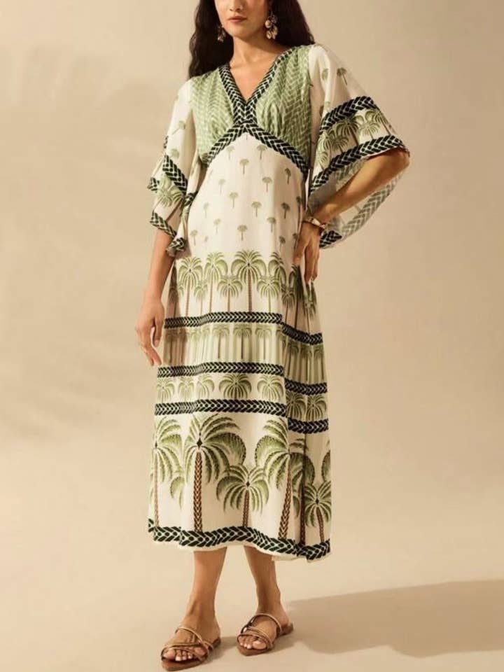 Rosa Clothing - Wholesale Dress - Women's - Exotic Tropical/ Floral Flair V-Neck Bell Sleeve Dress1