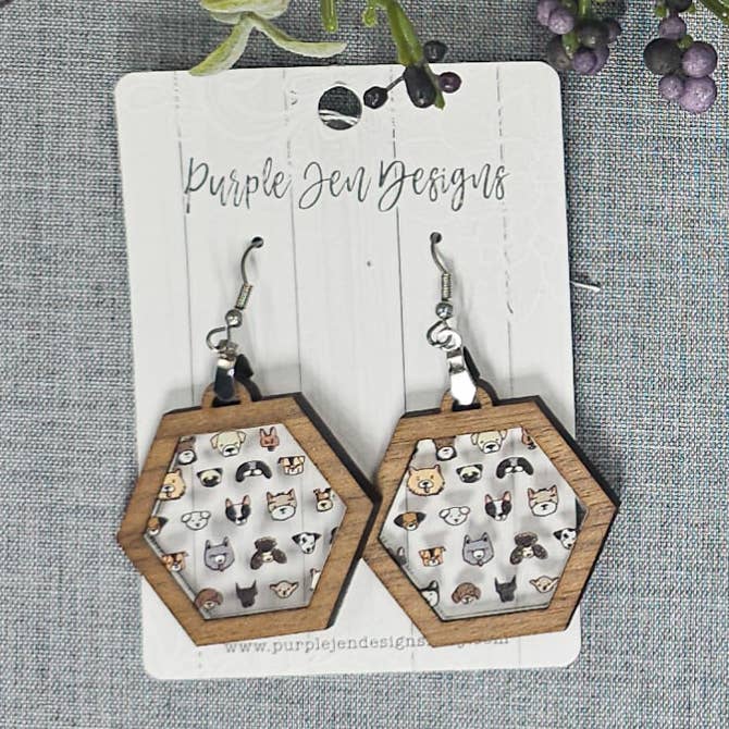 Cute dog face earrings – Wood & acrylic statement for wholesale by Jennifer Hughey