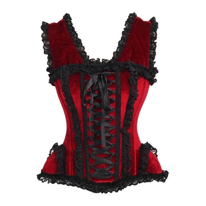 Corset désossé en velours rouge foncé et dentelle en acier avec manchons pour la vente par Daisy Corsets
