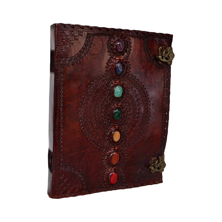 Tuzech Leather - Venta al por mayor Diario/agenda - Diario de Cuero Artesanal Veterano Siete Chakras Medieval con Piedra en Relieve Hecho a Mano Libro de Sombras Cuaderno Diario de Oficina Libro Universitario Libro de Poesía Cuaderno de Bocetos 10 x 13 Pulgadas