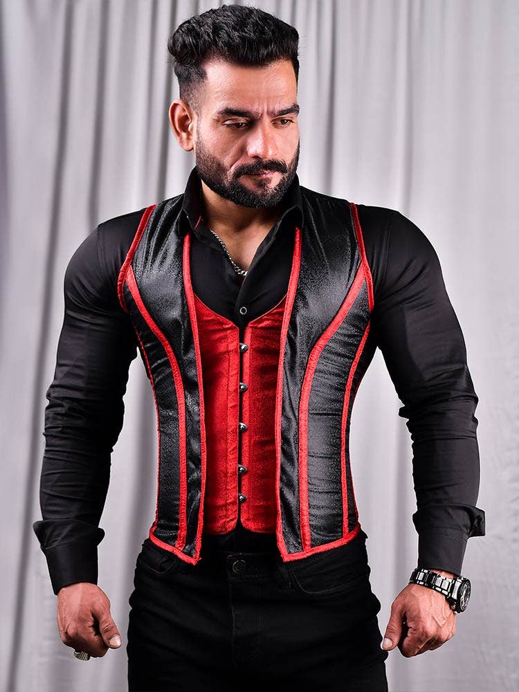 Miss Leather - Wholesale Outerwear Vest - Men's - Brocade Corset Vest – Men’s Black and Red Style3