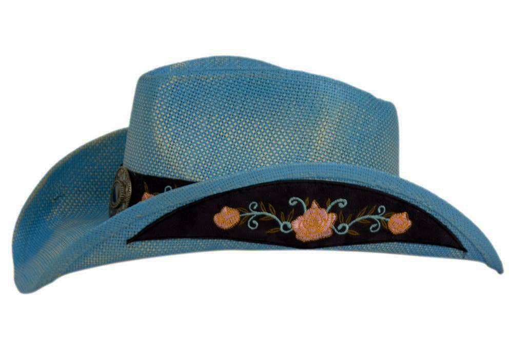 Epoch hats – Chapéu de cowboy - Mulher por atacado – Chapéu cowboy western vintage azul com faixa decorativa floral2
