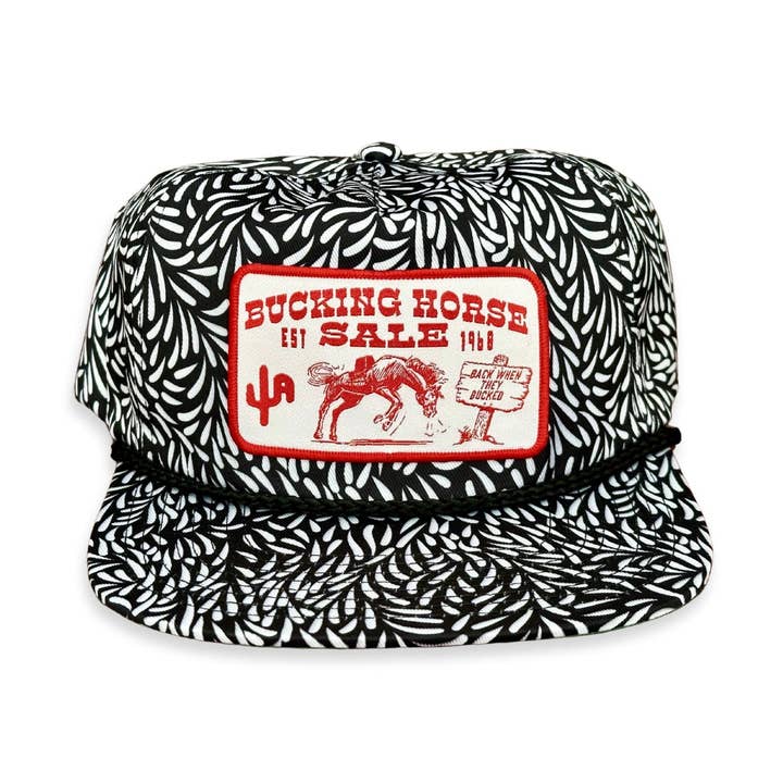 "Bucking Horse"- Black/White Leaf, Snap Back Cap (2024) for wholesale by Cactus Alley Hat Co.