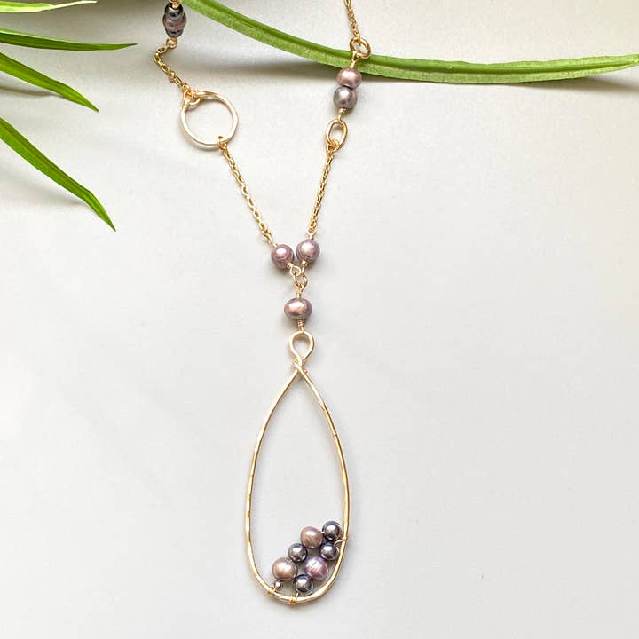 Long Gold Pearl and Teardrop Hoop Hammered Pendant Necklace for wholesale by Marble Designs Jewelry