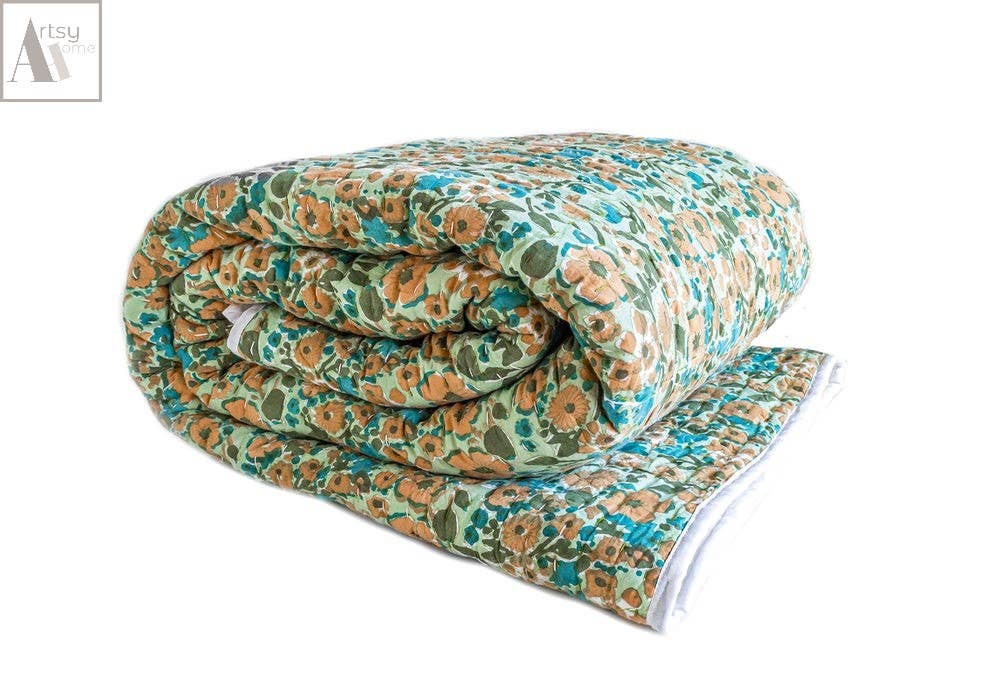 Artsy Home - Wholesale Quilt - Indian Hand Block Printed Cotton Kantha Quilt Cotton Blanket2