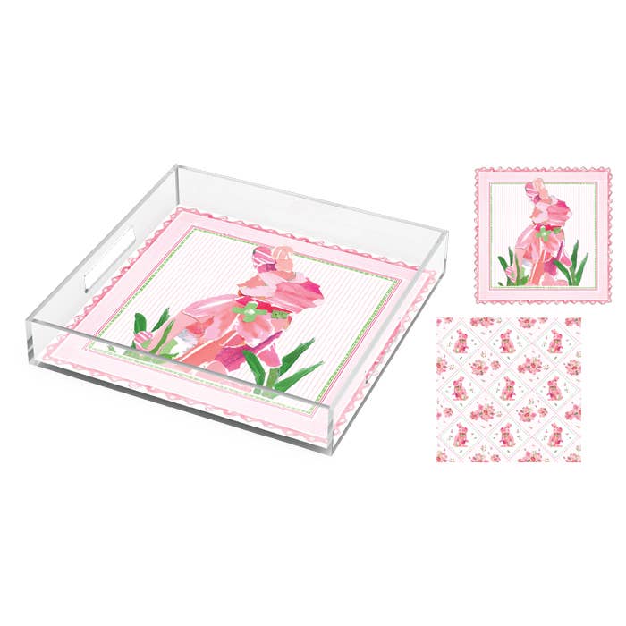 Pink Bunny with Pink Scalloped Border Acrylic Tray 12x12 for wholesale by RosanneBeck Collections