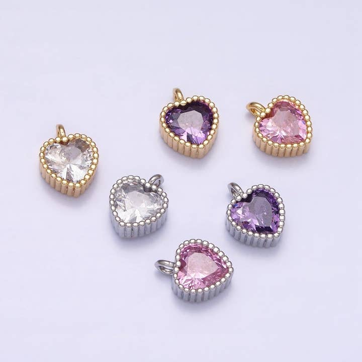 16K Gold Filled CZ Clear, Pink, Purple Mini Heart Add-On Charm in Gold & Silver | AC1258 - AC1263 for wholesale by Aim Eternal