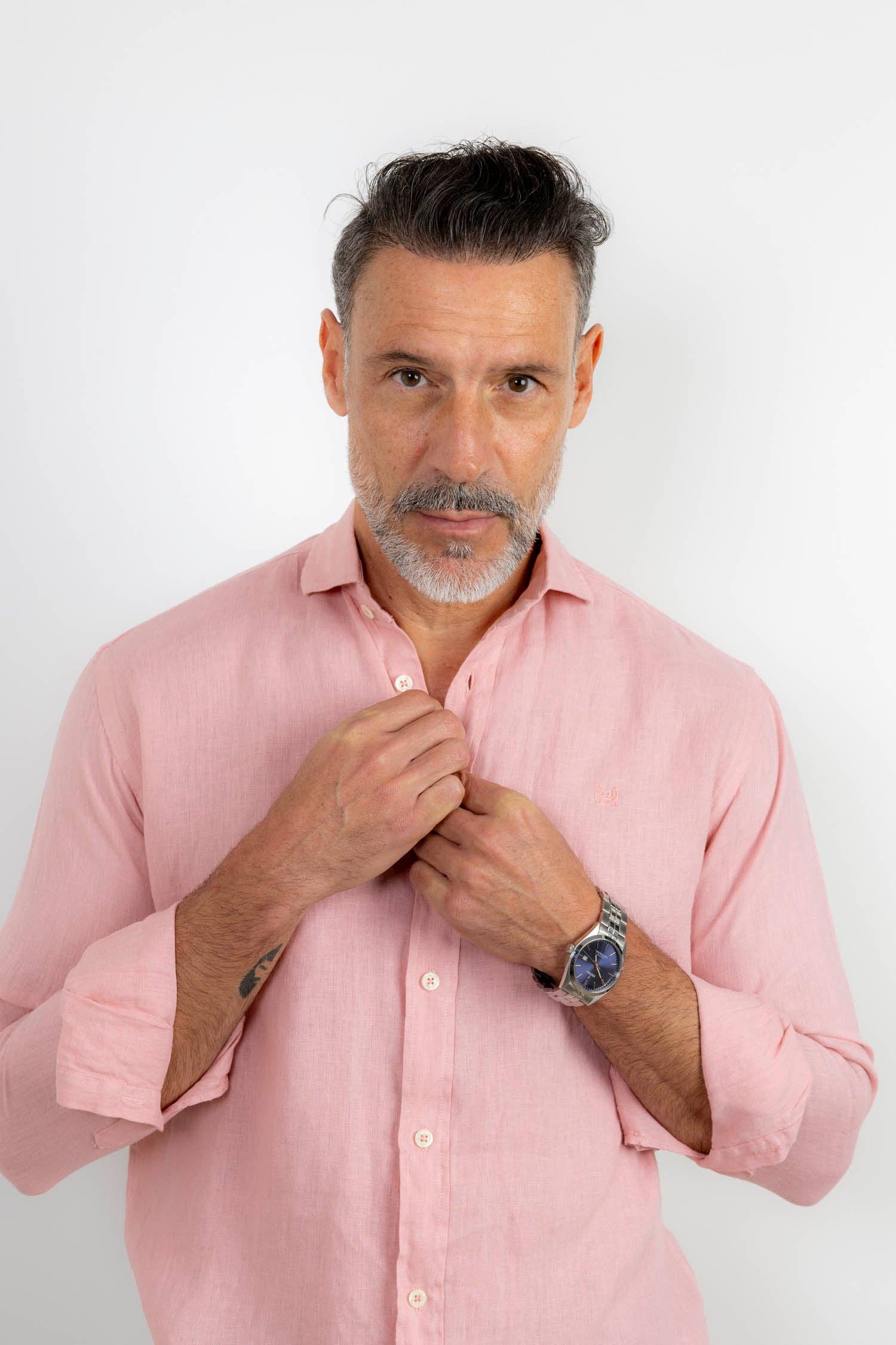 Custi Mikelo: Men's Clothing & Christmas Gifts - Wholesale Button Down Shirt - Men's - Pink Makeup Linen Shirt | Lanzarote2