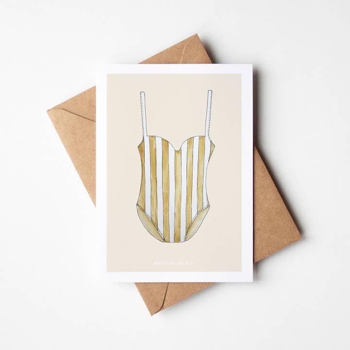 BEIGE SWIMSUIT STRIPE _ Wenskaarten voor wholesale door Harvey Walker Studio