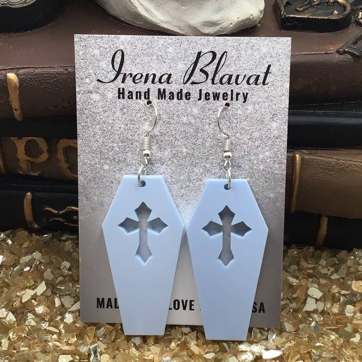Coffin Baby Blue Pastel Goth Earrings for wholesale by Irena Blavat Designs