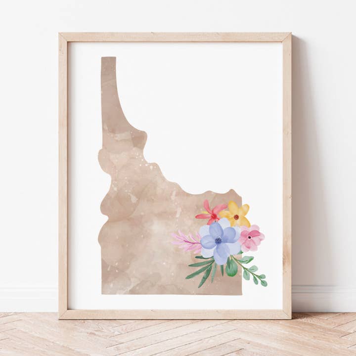 Impression artistique silhouette florale de l'Idaho pour la vente par Backstory Map Co.
