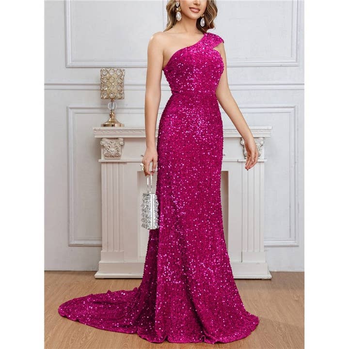 ROSE RED Solid Color One-Shoulder Sleeveless Sequin Backless Train Maxi Dress Gown for wholesale on Faire