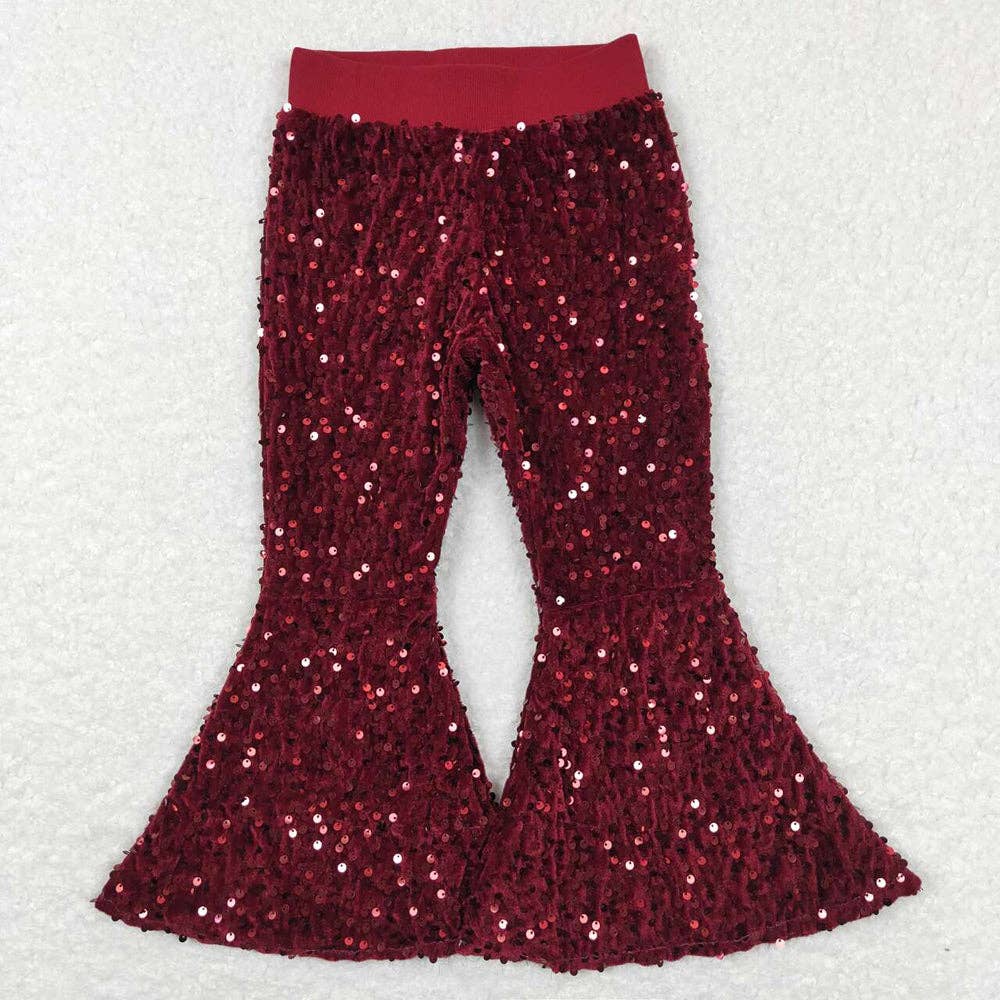 Aier Wholesale - Wholesale Pants - Kids - Baby Girls Maroon Sequin Bell Bottom Pants0