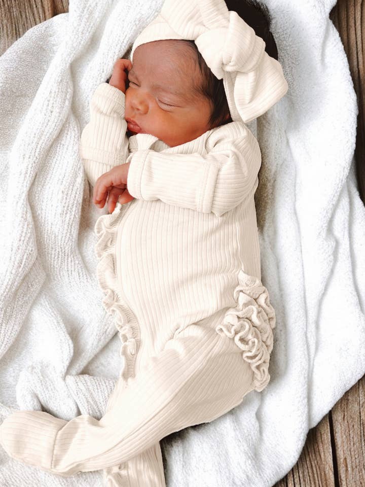 SIIX Collection - Wholesale Bodysuit (Footed) - Baby - Ivory / Organic Ribbed Frill Zip Footie (Baby - Kids)
